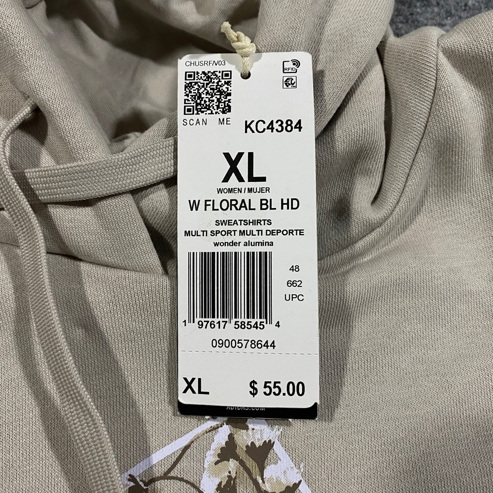Adidas Trefoil Floral Logo Hoodie Womens XL Beige Pullover Fleece Sweatshirt - Picture 9 of 16